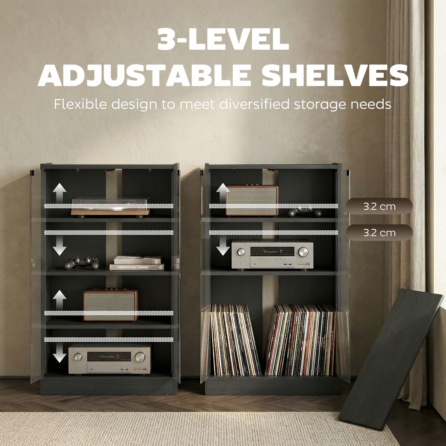 HOMCOM 4-Tier Hi-Fi Stand,  Record Player Stand with Adjustable Shelves and Push-to-Open Glass Doors, Black Wood-Effect