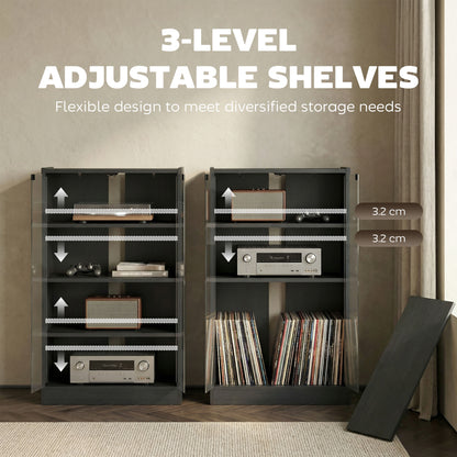 HOMCOM 4-Tier Hi-Fi Stand,  Record Player Stand with Adjustable Shelves and Push-to-Open Glass Doors, Black Wood-Effect
