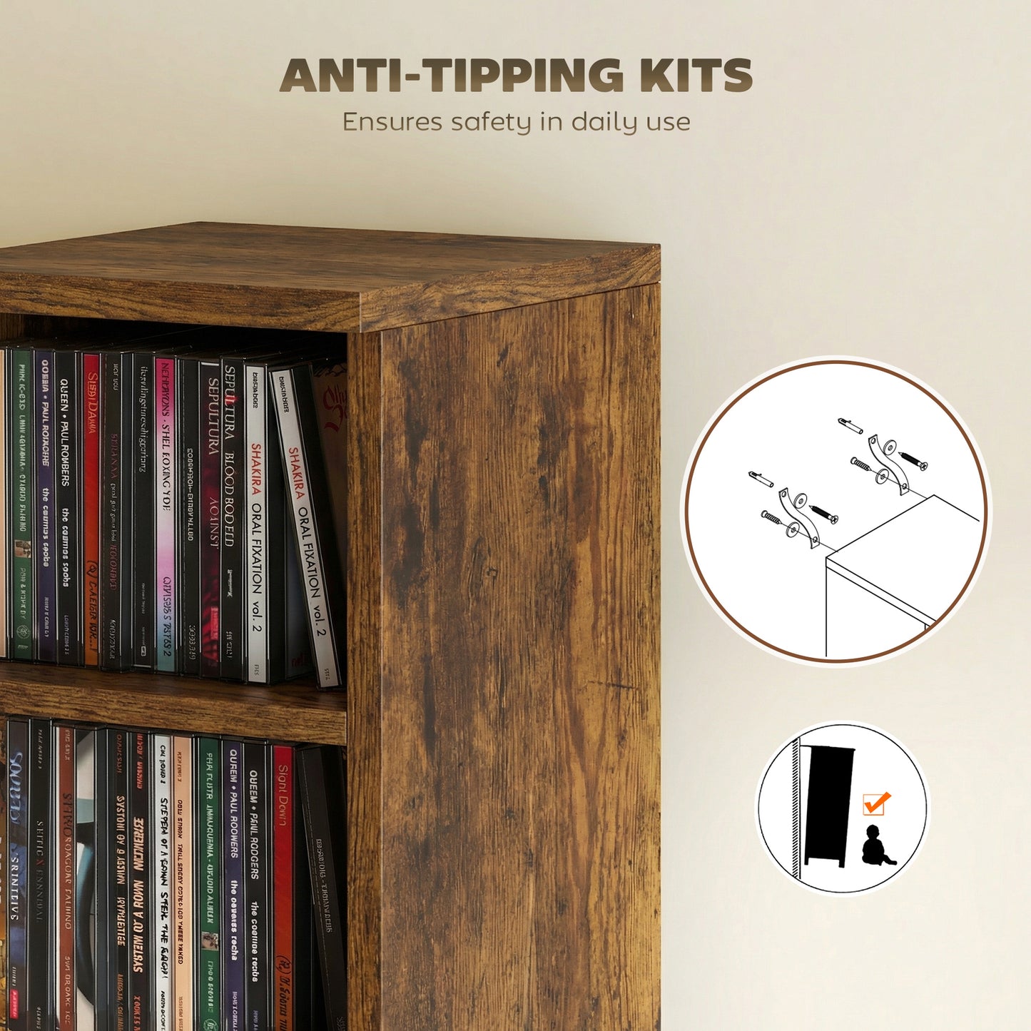 HOMCOM Set of 2 CD Media Display Shelf Unit Tower Rack with Adjustable Shelves, Rustic Brown