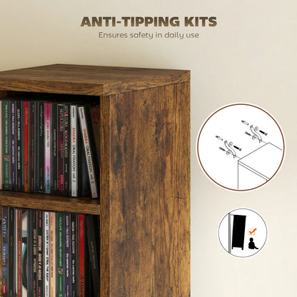 HOMCOM Set of 2 CD Media Display Shelf Unit Tower Rack with Adjustable Shelves, Rustic Brown