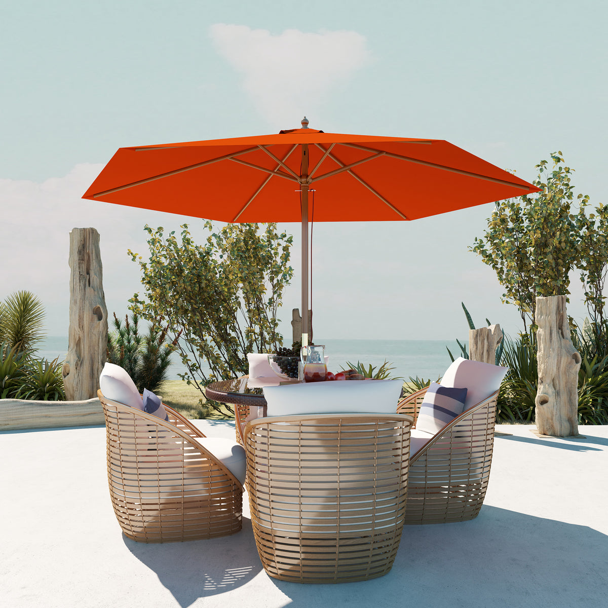 Outsunny 2.5m Wood Garden Parasol Sun Shade Patio Outdoor Wooden Umbrella Canopy, Table Market Umbrella with Vent, 38mm Pole, Rope Pulley Mechanism, Orange