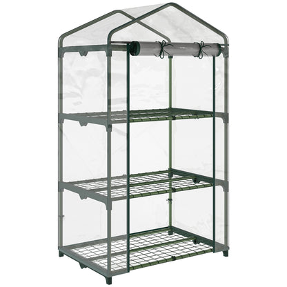 Outsunny 3 Tier Mini Greenhouse Portable Garden Grow House with Roll Up Door and Wire Shelves, 69L x 49W x 125H cm, Clear