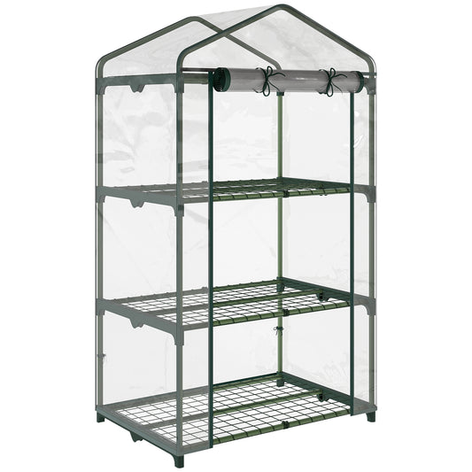 Outsunny 3 Tier Mini Greenhouse Portable Garden Grow House with Roll Up Door and Wire Shelves, 69L x 49W x 125H cm, Clear