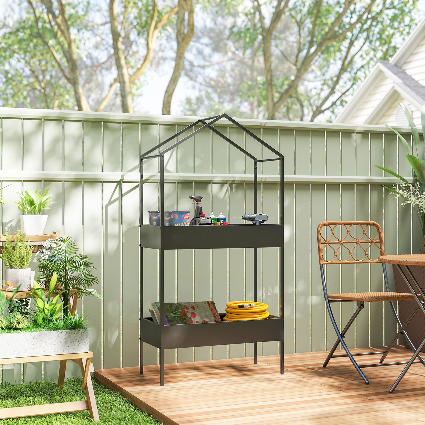 Outsunny 2 Tier Plant Stand, Outdoor Indoor Metal Plant Stand with Hook, House-Shaped Pots Holder Display Rack, Black