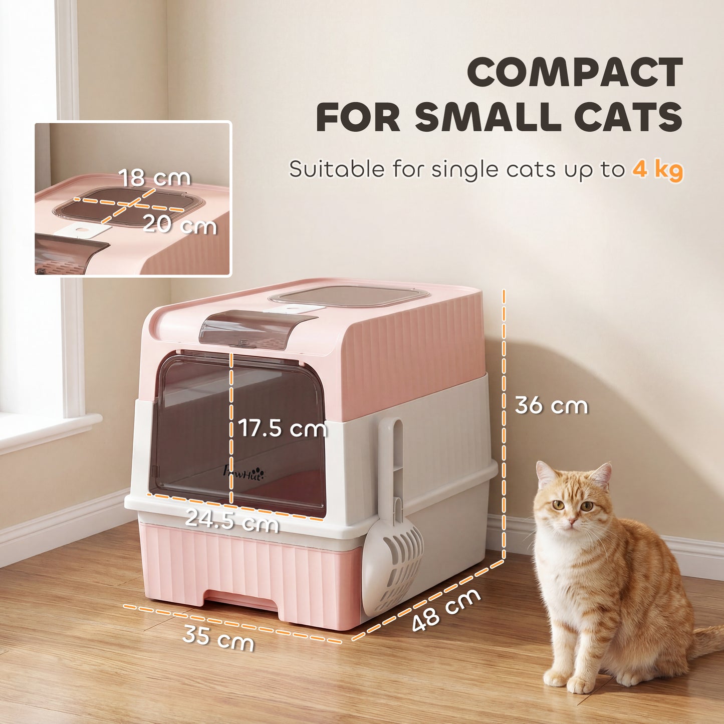 PawHut Enclosed Cat Litter Box with Lid, Pull-Out Drawer Tray, Scoop, 4 Deodorisation Bags, Front Entry & Top Exit, Pink