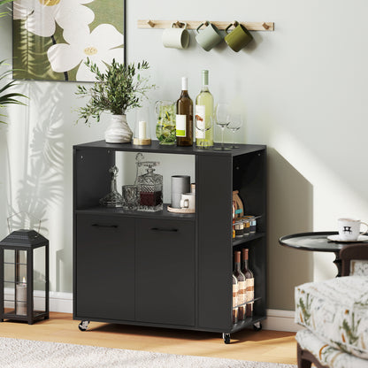 HOMCOM Kitchen Trolley on Wheels, Rolling Kitchen Island Cart with 2-Door Cabinet, Spice Rack and Adjustable Shelf, Black