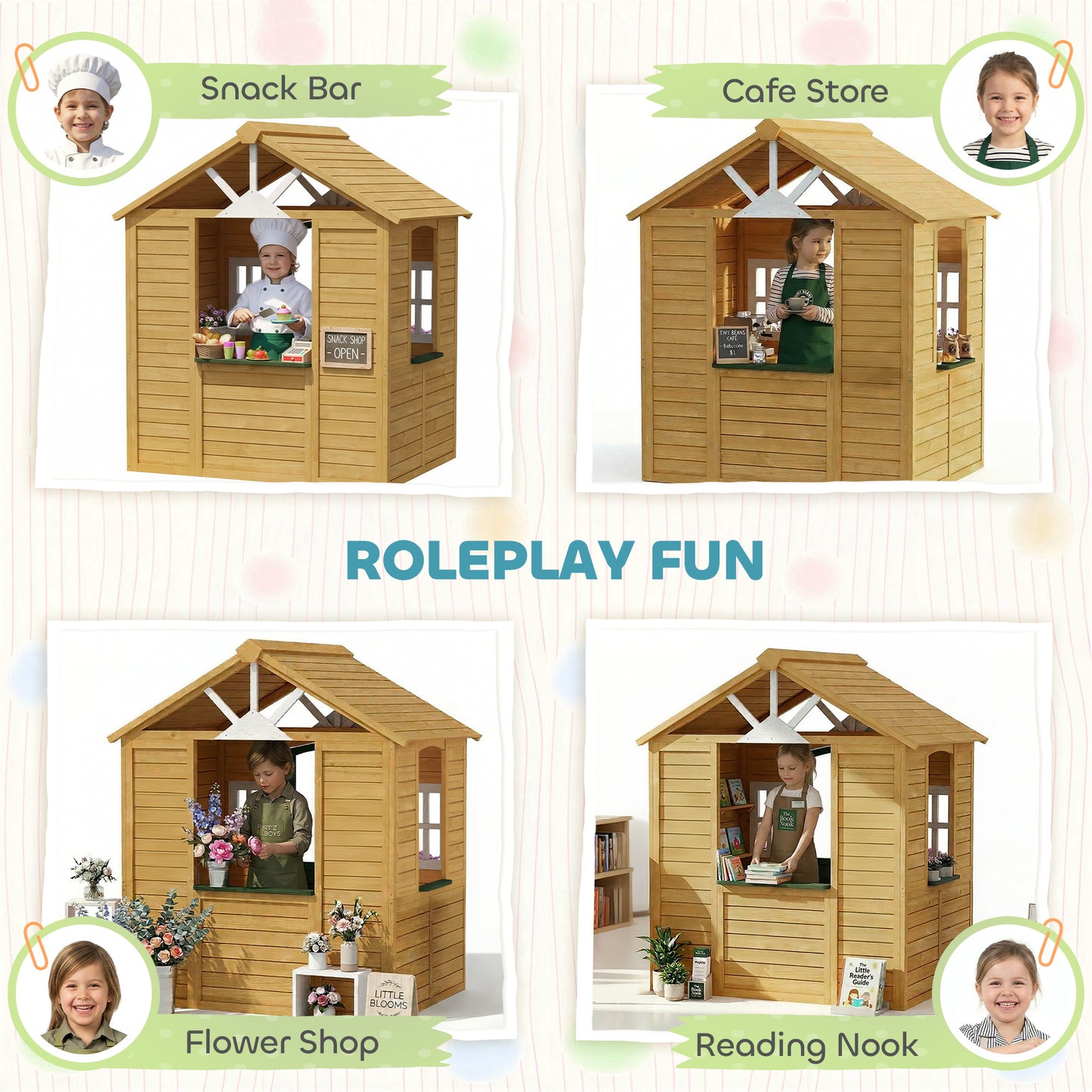 AIYAPLAY Outdoor Kids Playhouse, Wooden Wendy House with Door, 3 Windows, 2 Flower Boxes for Garden, Indoor Playroom