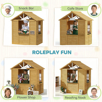 AIYAPLAY Outdoor Kids Playhouse, Wooden Wendy House with Door, 3 Windows, 2 Flower Boxes for Garden, Indoor Playroom