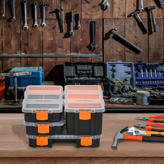 DURHAND Set Of 4 Plastic DIY Tool Storage Boxes w/ Inside Dividers Locking Lids Home Garage Organisation Stacking Arts Crafts Bolts Black Orange-Tool Boxes-ChewyGames-DURHAND