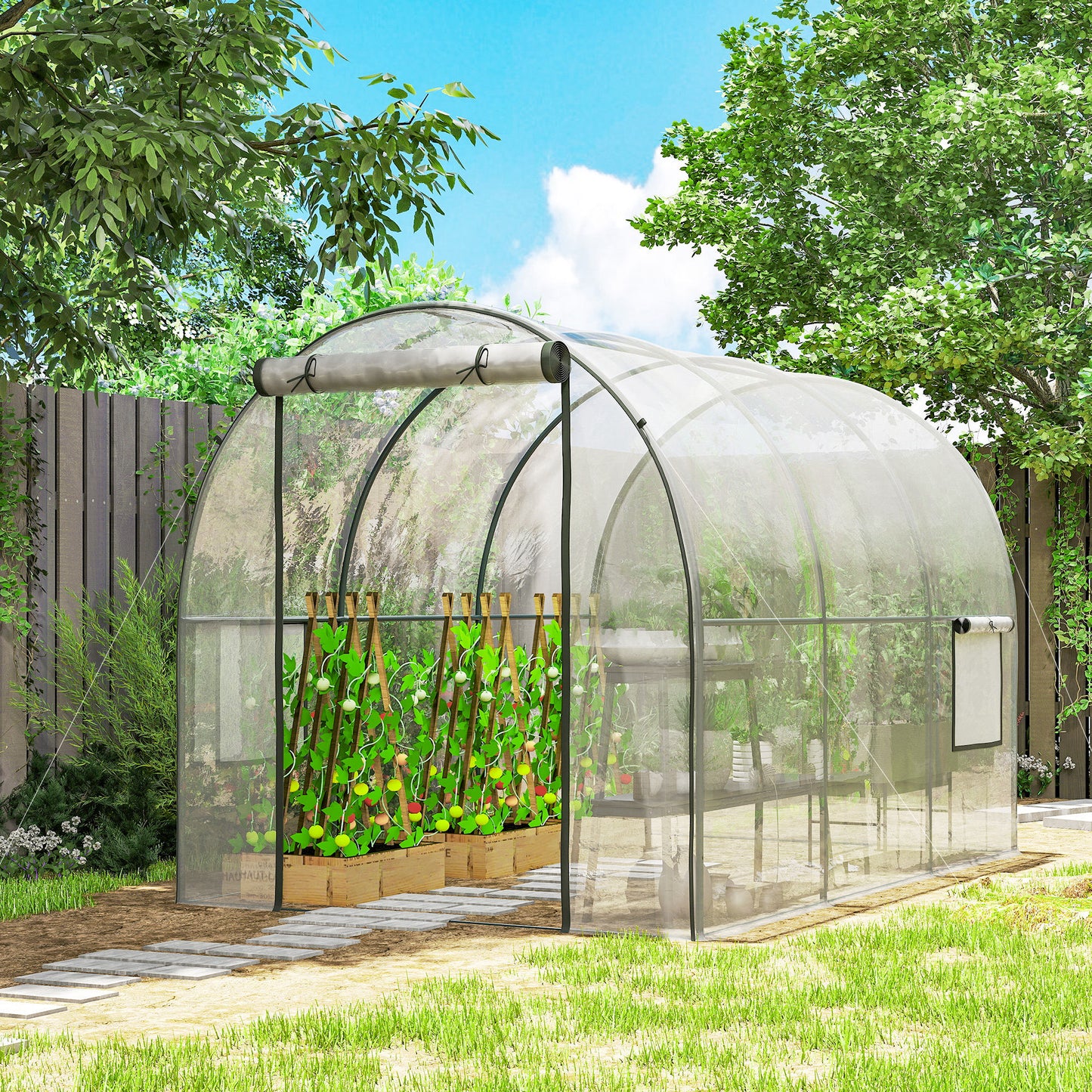 Outsunny Polytunnel Greenhouse Walk-in Grow House with Plasric Cover, Door, Mesh Window and Steel Frame, 3 x 2 x 2m, Clear