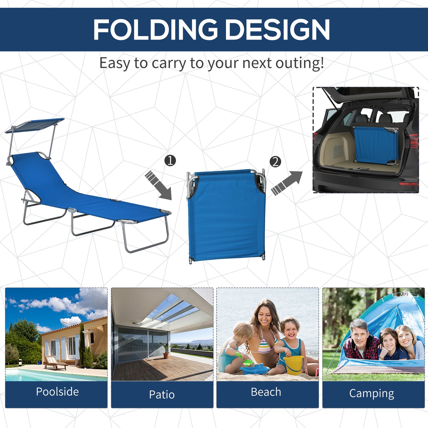 Outsunny Folding Sun Lounger Set of 2 with Canopy, Reclining Sunbed with 4-Position Adjustable Backrest, 600D Oxford Cloth, Portable Garden Lounger Recliner Chair for Beach, Camping, Patio, Blue