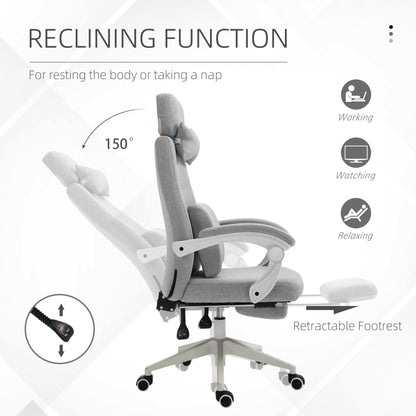 Vinsetto Office Chair, High Back Fabric Work Chair with 160° Reclining Backrest, Retractable Footrest, Neck and Lumbar Pillow, Light Grey