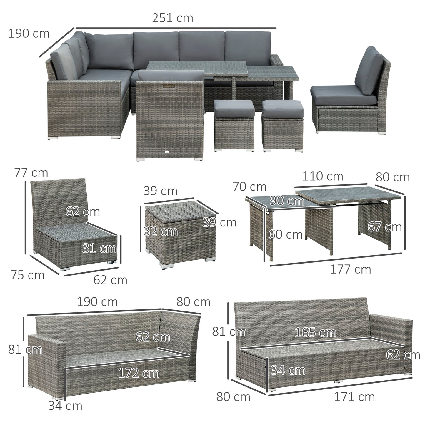 Outsunny Seven-Piece Rattan Garden Sofa Set, with Expanding Table - Grey--ChewyGames-ChewyGames