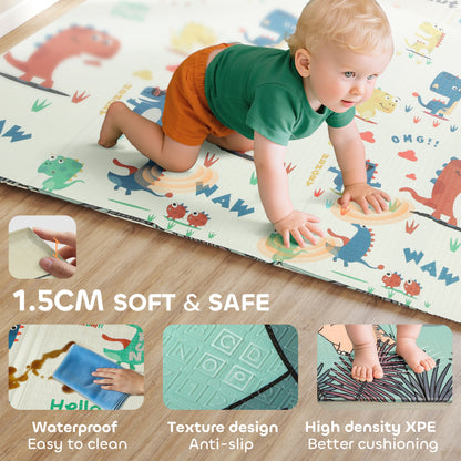 AIYAPLAY Dinosaur-Themed Baby Plat Mat Double Sided, Foldable, Water-Resistant for Outdoor/Indoor, 177 x 146 x 1.5cm--ChewyGames-ChewyGames