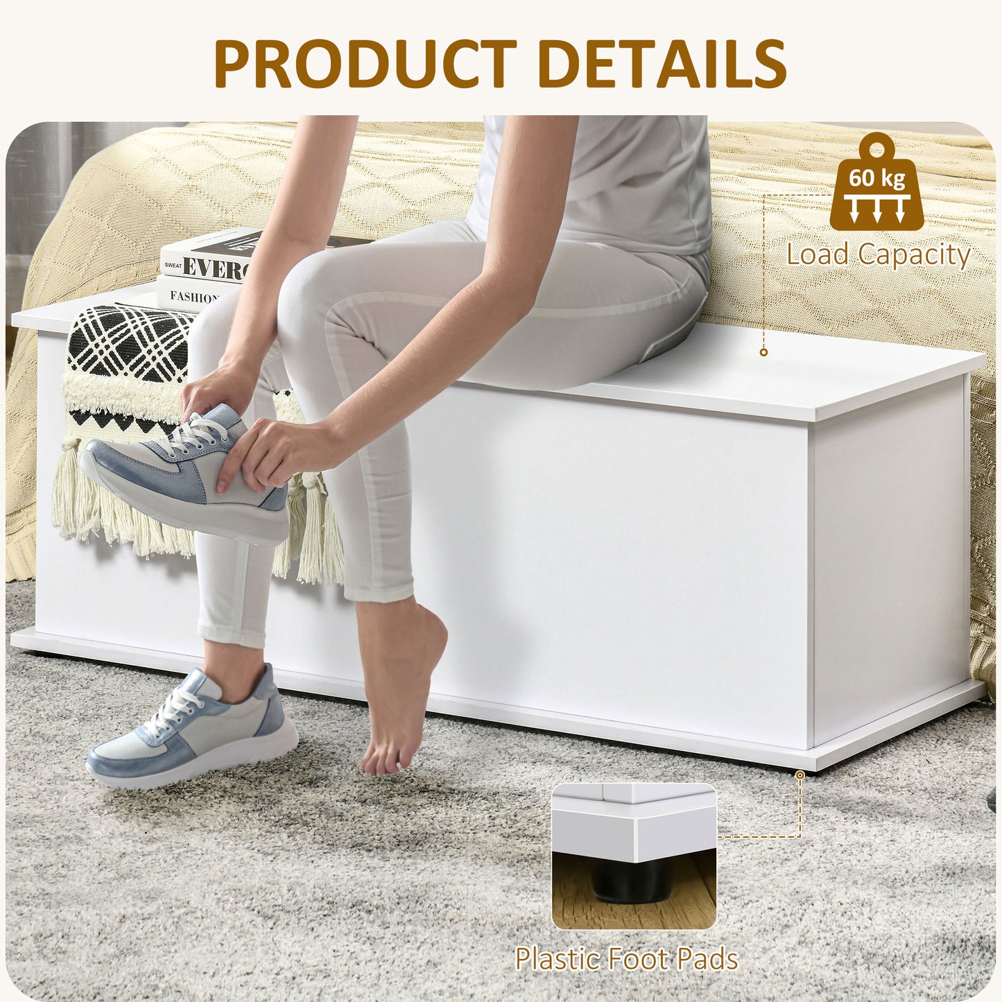 HOMCOM 113L Storage Chest, Storage Box with Flip-Top Lid and 2 Safety Hinges, Storage Trunk for Living Room, Entryway, 100 x 40 x 40 cm, White--ChewyGames-ChewyGames