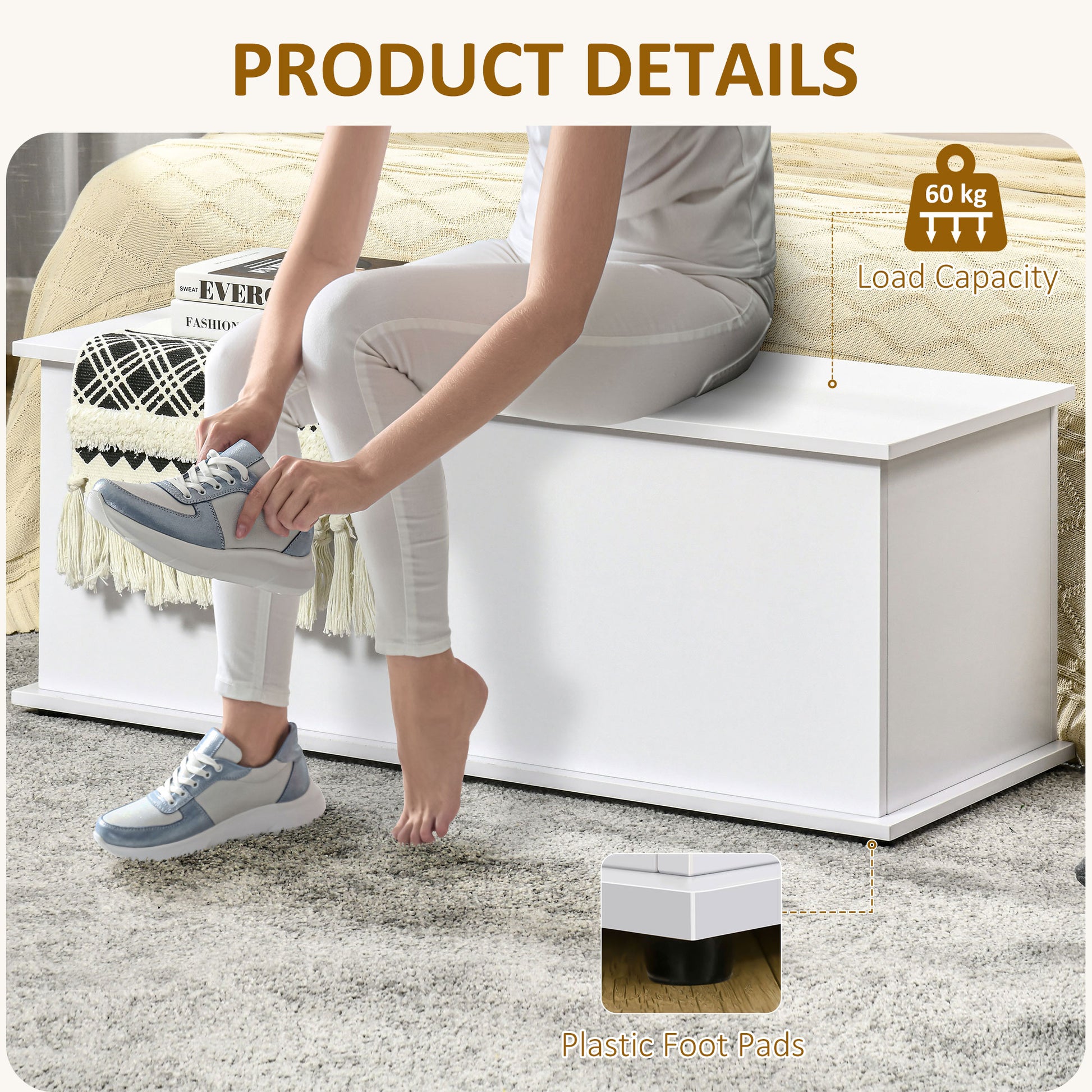 HOMCOM 113L Storage Chest, Storage Box with Flip-Top Lid and 2 Safety Hinges, Storage Trunk for Living Room, Entryway, 100 x 40 x 40 cm, White--ChewyGames-ChewyGames