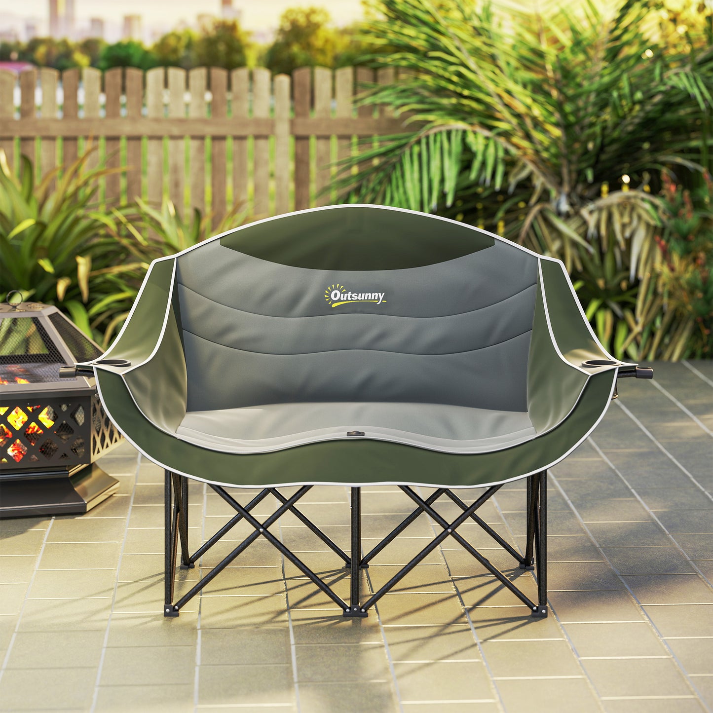 Outsunny Double Camping Chair for Adults with Armrests, Heavy Duty Oversized Padded Folding Chair with Carry Bag, Cup Holders for Outdoor Hiking Picnic Camping Fishing, 250kg Capacity, Green