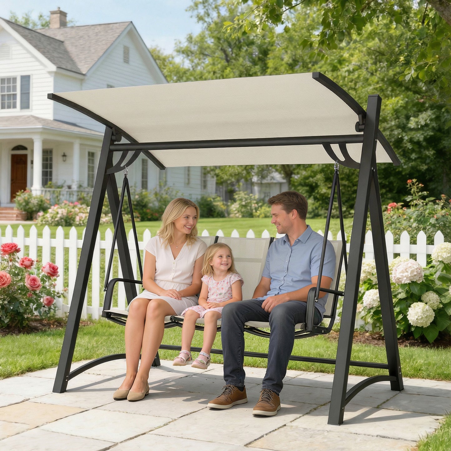 Outsunny 3 Seater Swing Chair, Garden Swing Bench with Adjustable Tilting Canopy, Breathable Mesh Seat 360 kg Capacity, White