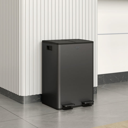 HOMCOM 56L Dual Compartment Stainless Steel Bin, with Deodoriser Holders - Black