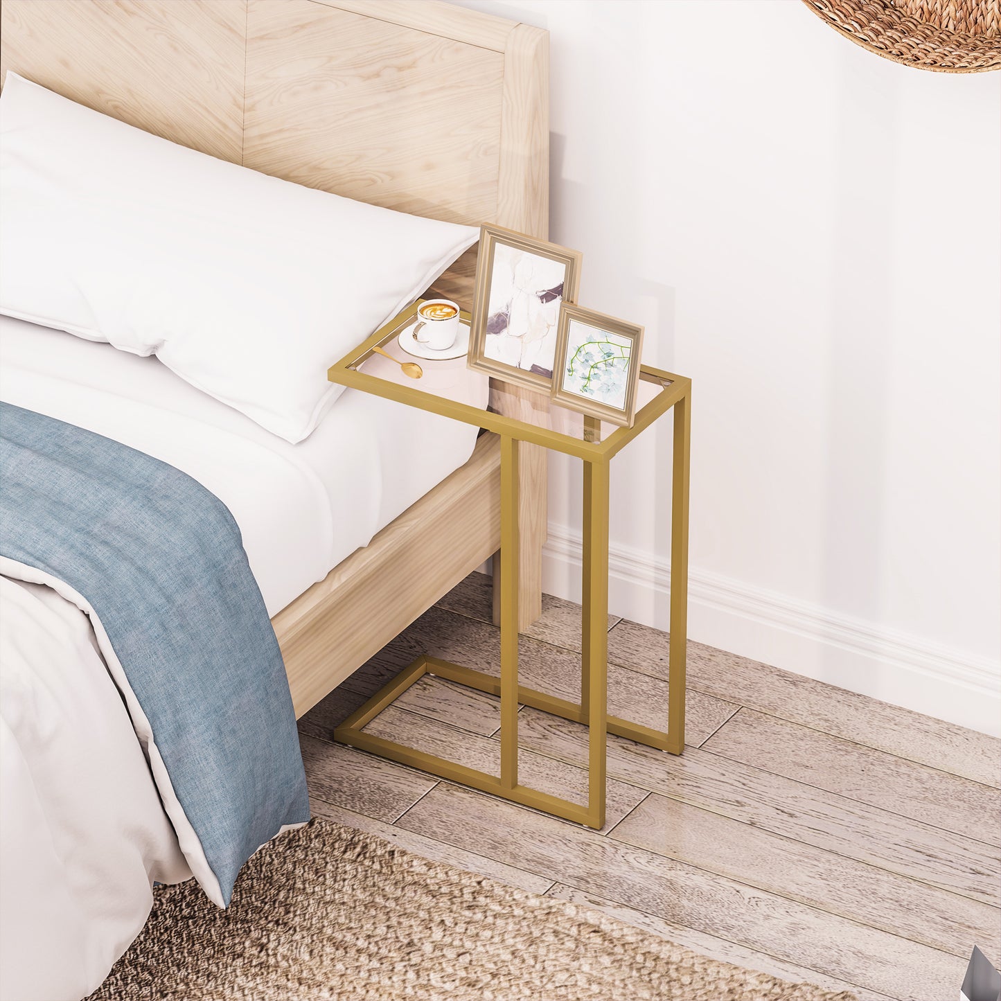 HOMCOM C-Shaped Side Table, Modern Slim End Table with Tempered Glass Tabletop, Steel Frame for Small Space, Living Room, Bedroom, Gold Tone-End Tables-ChewyGames-ChewyGames