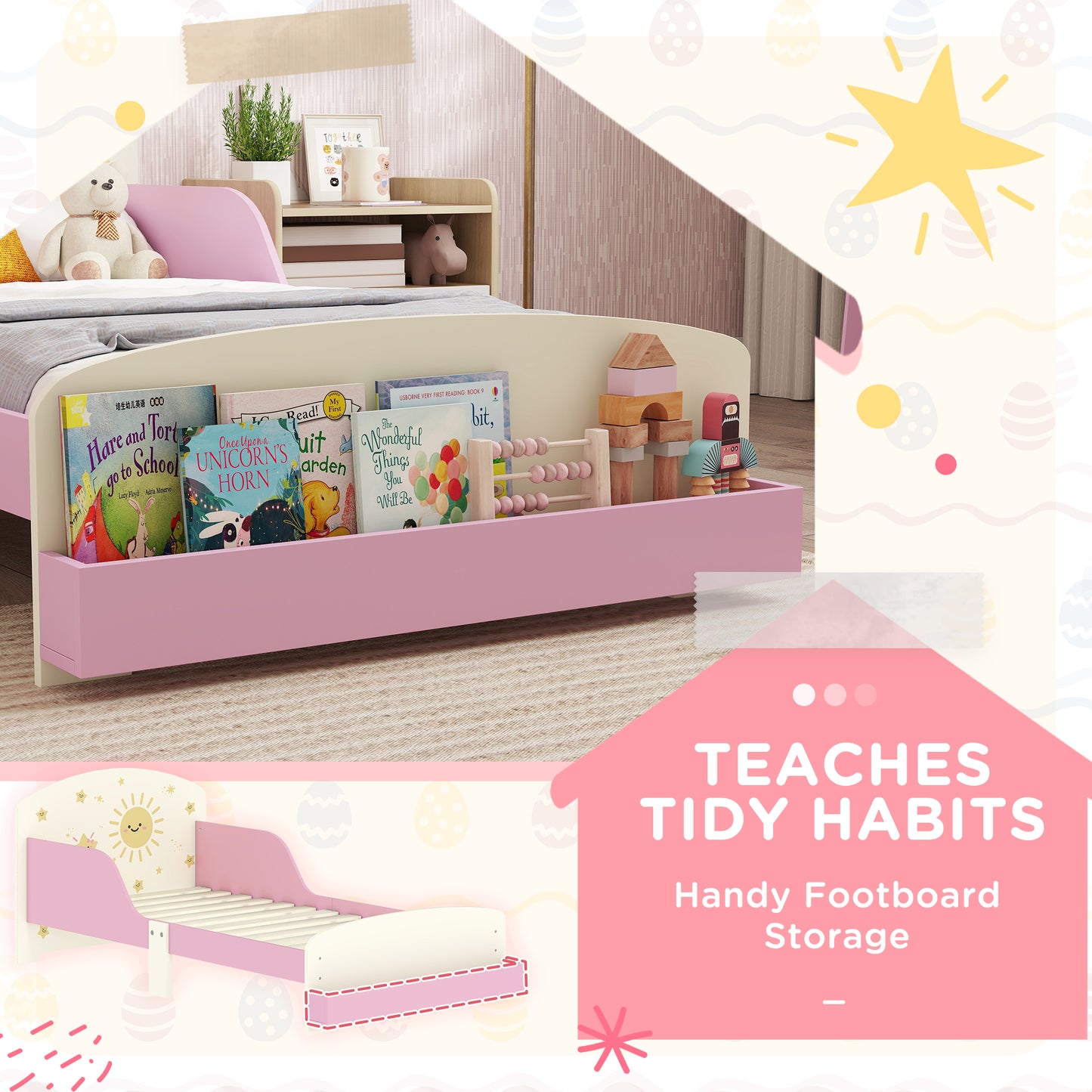 AIYAPLAY Toddler Bed with Storage, Guardrails, Sun Design, for Ages 3-8 Years, Fits 140 x 70cm Mattress,