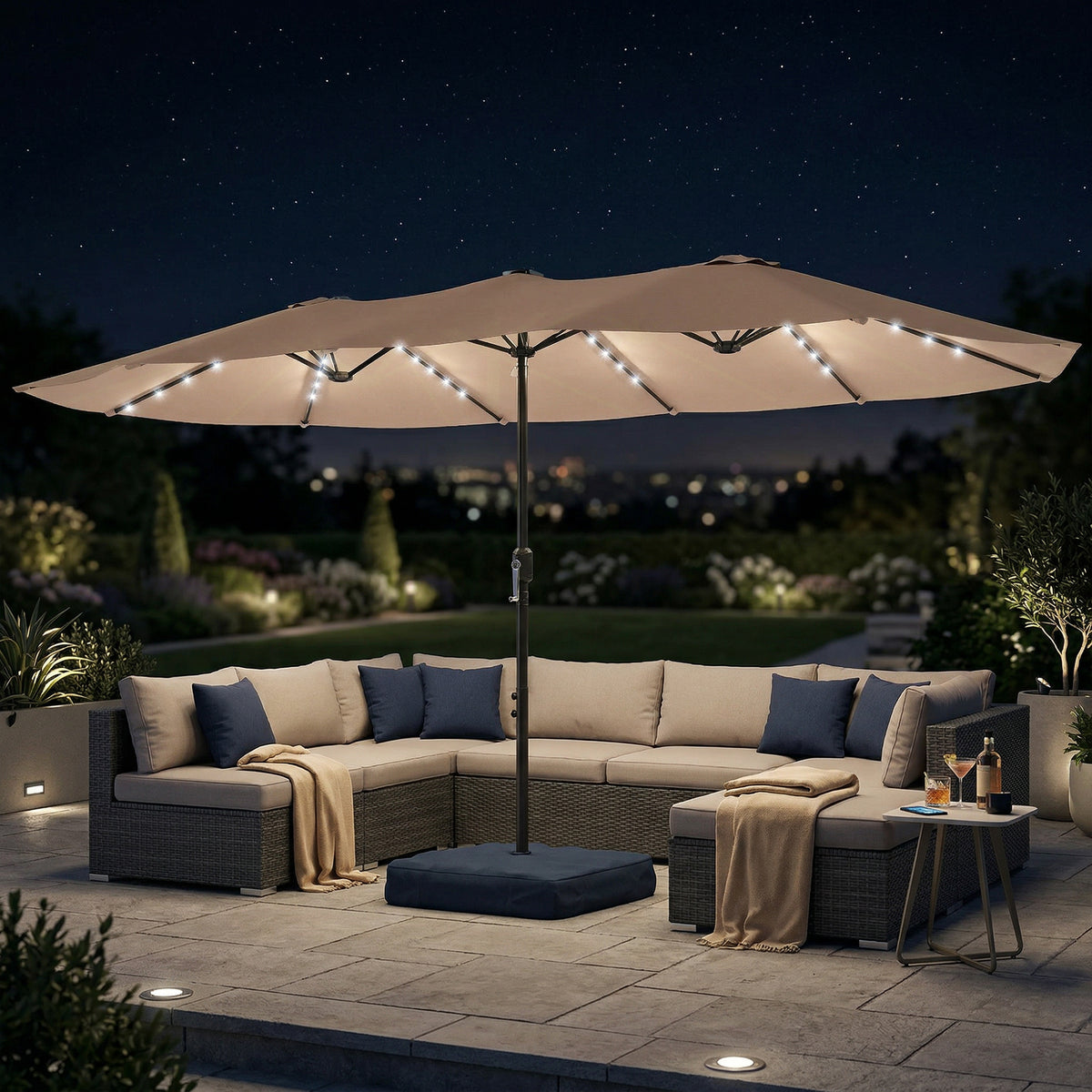 Outsunny Patio Umbrella Double-Sided Outdoor Umbrella with Solar Lights Base, Khaki