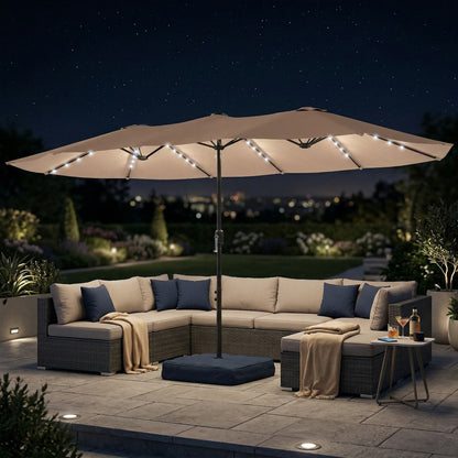 Outsunny Patio Umbrella Double-Sided Outdoor Umbrella with Solar Lights Base, Khaki