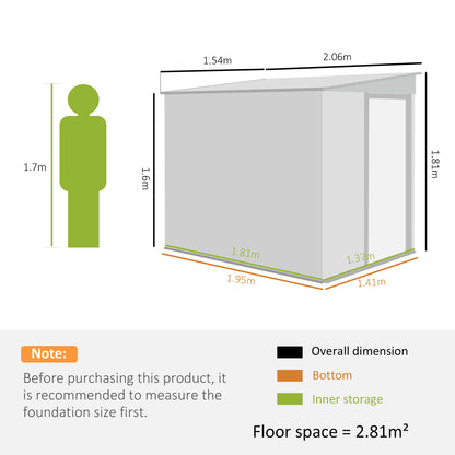 Outsunny 7 x 5ft Galvanised Metal Shed with Sliding Door and Water-Resistant Roof - Green