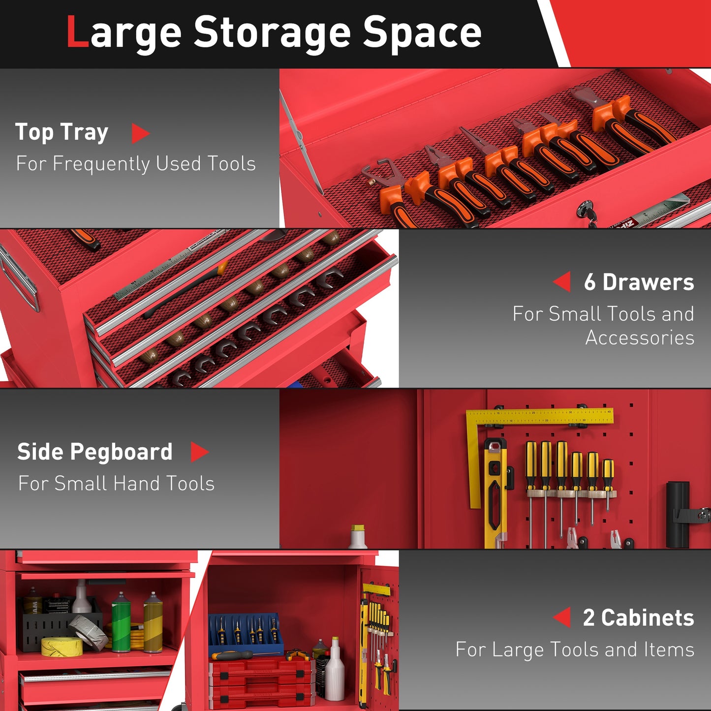 HOMCOM Three-Part Steel Locking Tool Chest - Red-Rolling Cabinets & Chests-ChewyGames-ChewyGames