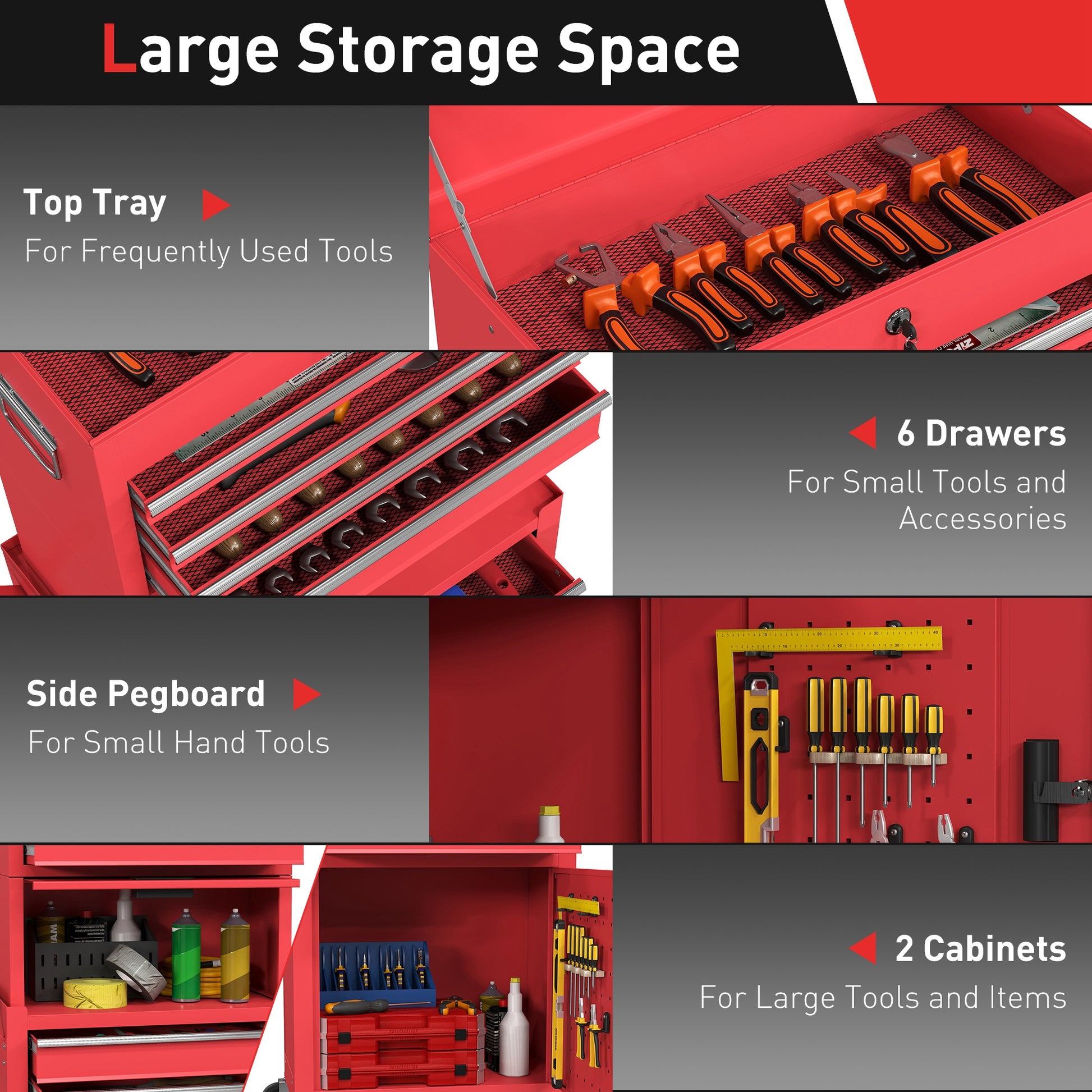 HOMCOM Three-Part Steel Locking Tool Chest - Red-Rolling Cabinets & Chests-ChewyGames-ChewyGames