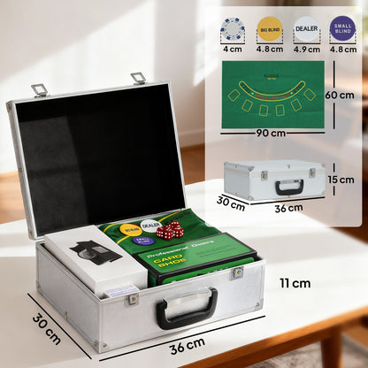 SPORTNOW 300-Piece Poker Chips Set with Card Shuffler, Card Shoe, Case, Casino Texas Holdem Poker Set with Mat, Silver Tone