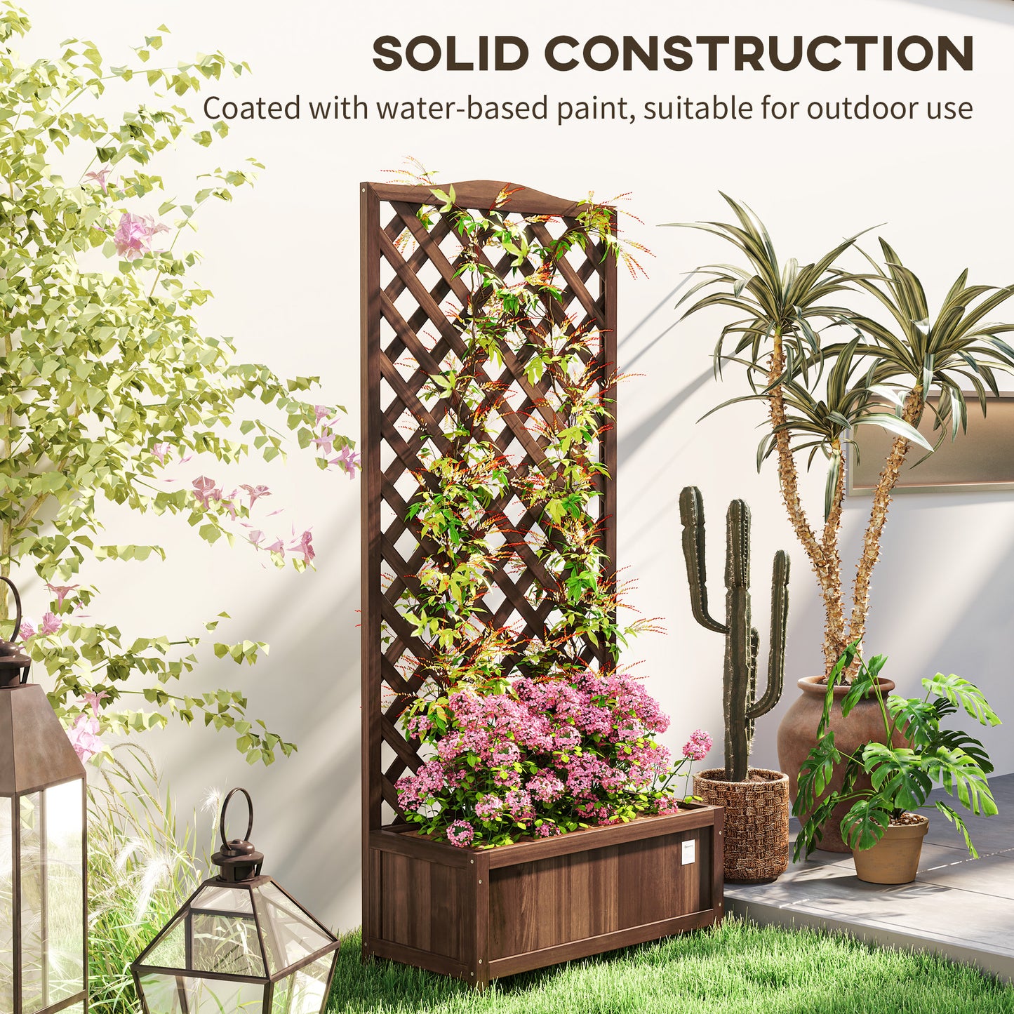 Outsunny Wooden Planter with Trellis, Freestanding Raised Bed for Garden with Lattice, Outdoor Planter Box for Climbing Plants, Vines, Flowers, 76 x 36 x 170 cm, Dark Brown