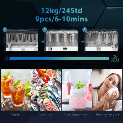 HOMCOM 3L Ice Maker Machine and Water Dispenser, 12kg in 24H, 2 Sizes 9 Ice Cubes Ready in 6-10 Mins Ice Machine, Black