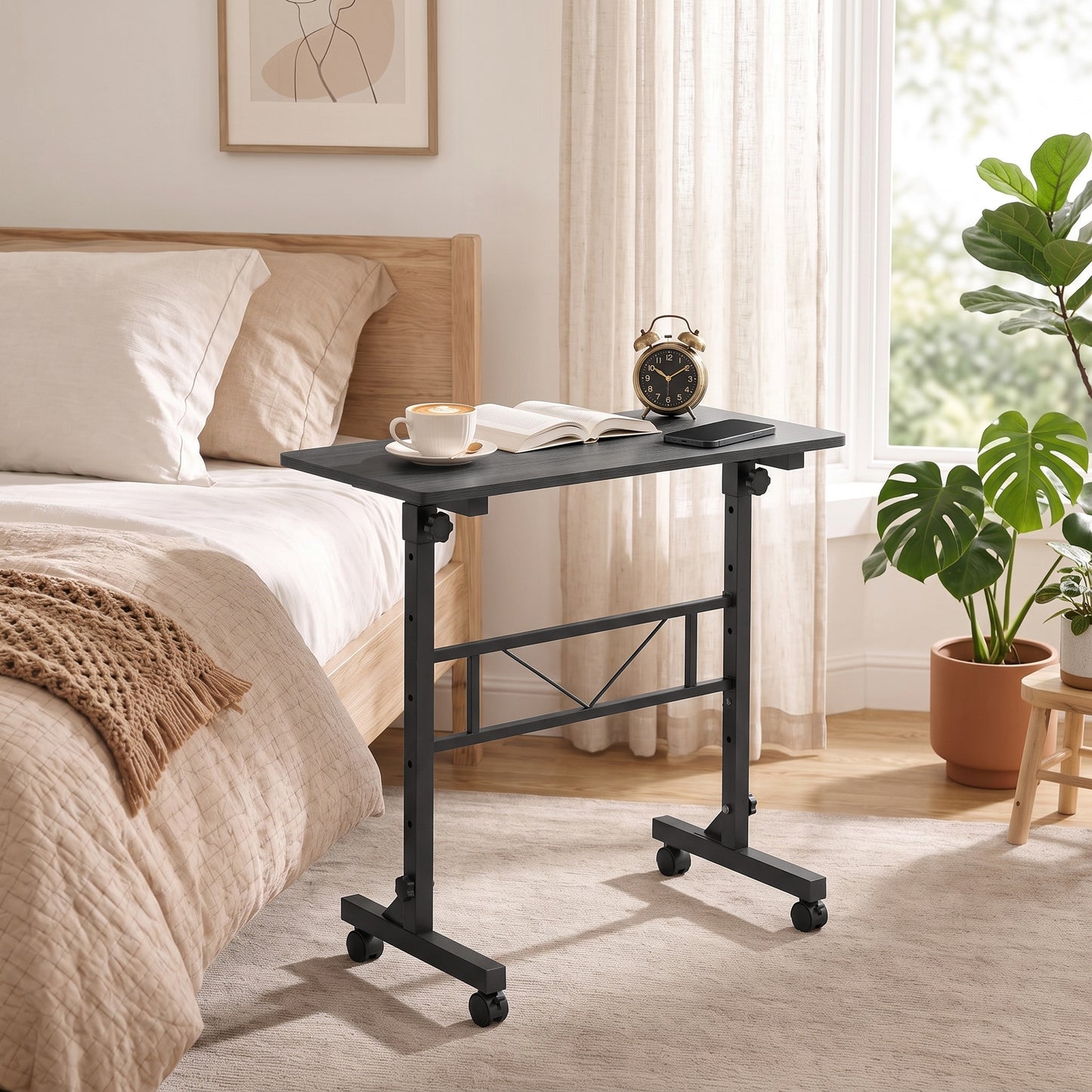 HOMCOM Overbed Table Adjustable Height Sofa Side Table with Wheels 80 x 40 cm Black
