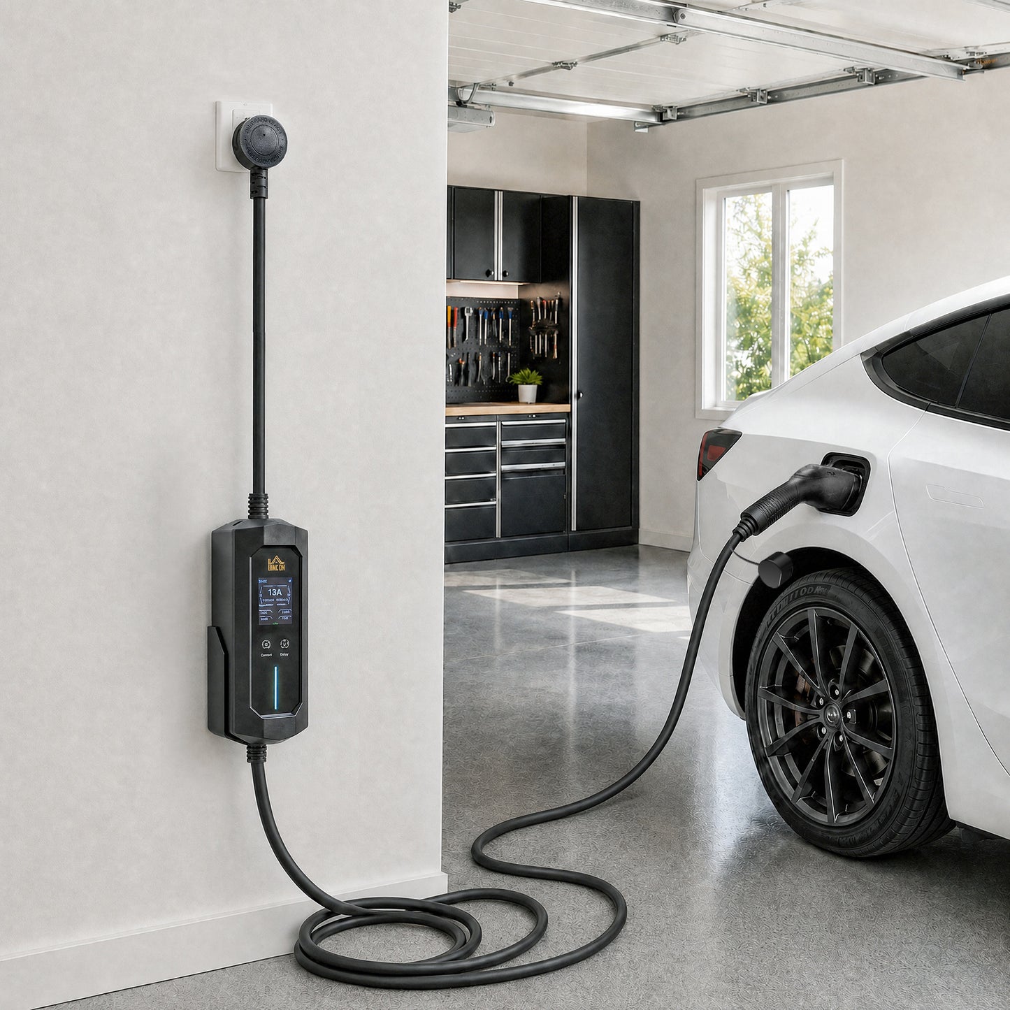 HOMCOM EV Charger Type 2 to 3 Pin Plug, 10 m, 2.8 kW, 6-13 A, Electric Car Charger Type 2 Charging Cable w/ 1-12 h Time Delay