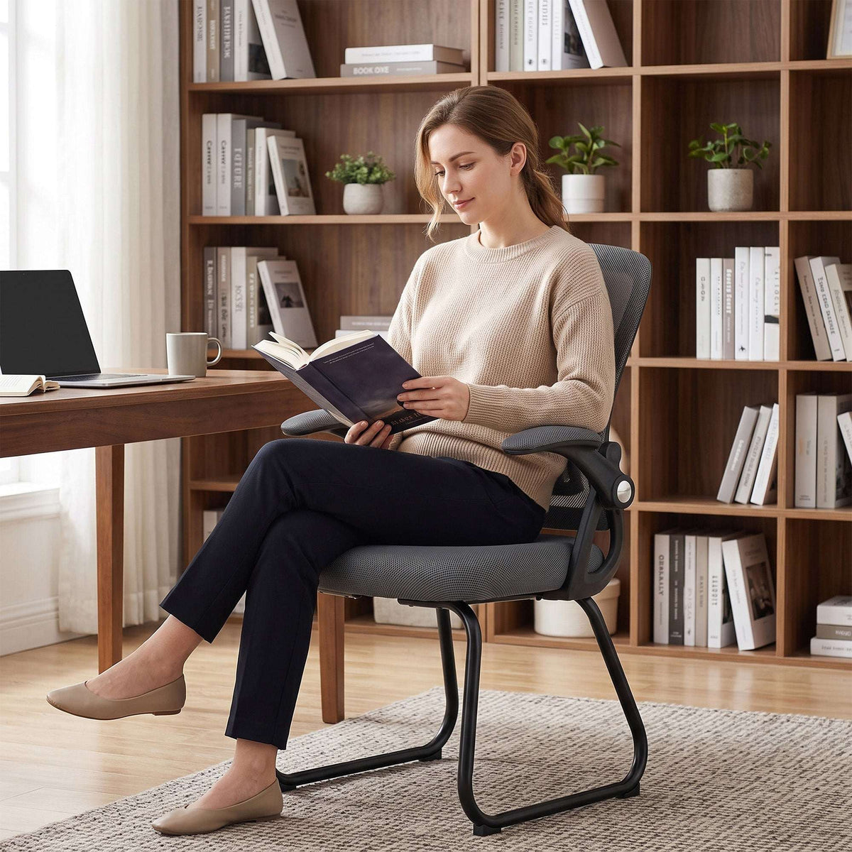 HOMCOM Office Chair, Ergonomic Desk Chair No Wheels with Mesh Backrest and Steel Legs for Home Conference Room, Dark Grey