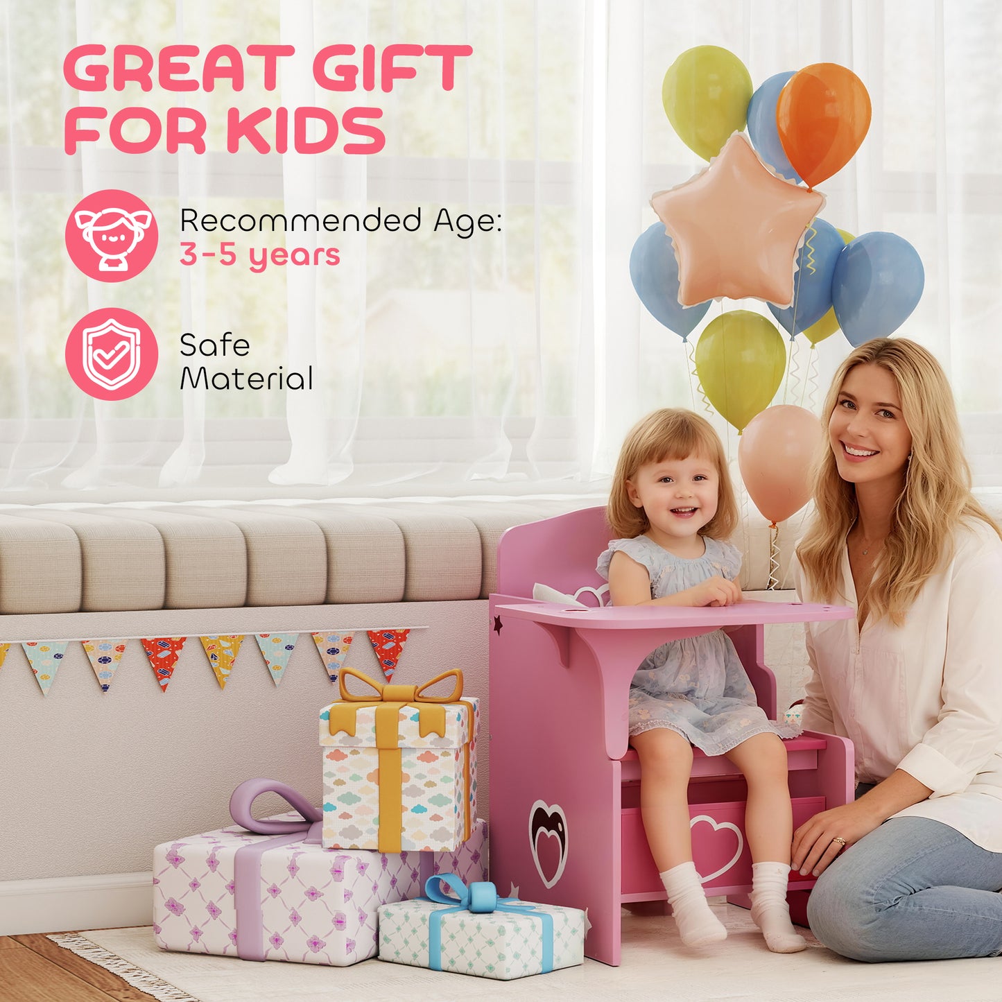 AIYAPLAY Kids Table and Chair Set, Children Desk and Chair with Storage Bins for Playing, Reading, Painting, for Ages 3-5, Pink