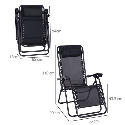 Outsunny Zero Gravity Chair Set of 2, Metal Frame Texteline Armchair Outdoor Folding and Reclining Sun Lounger with Head Pillow for Patio Decking Gardens Camping, Black