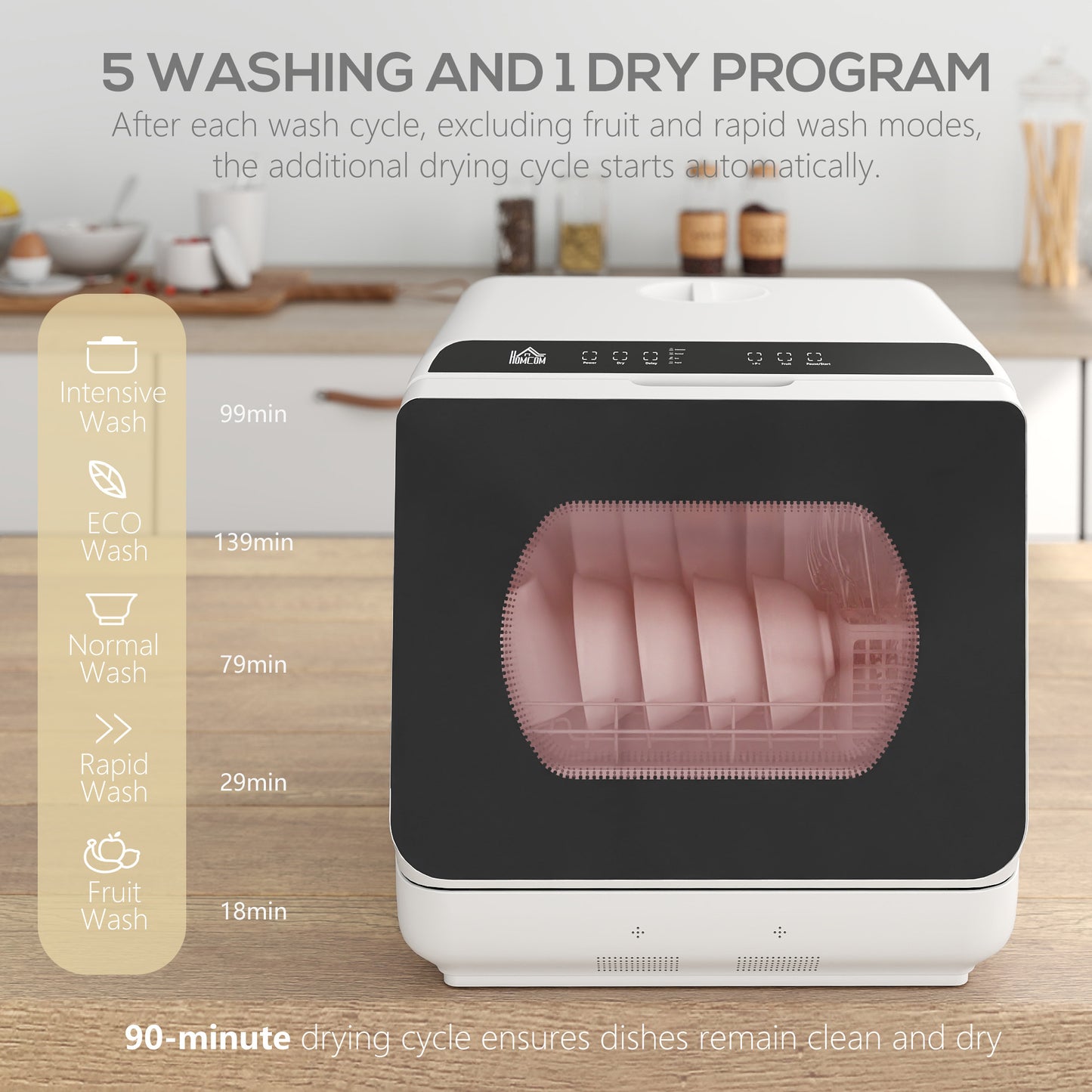 HOMCOM Six-Programme Countertop Dishwasher - White