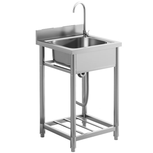 HOMCOM Outdoor Utility Sink, Stainless Steel Free Standing Single Bowl Kitchen Sink with Cold and Hot Water Pipe and Storage Shelf for Laundry Garage, 55 x 50 x 100 cm