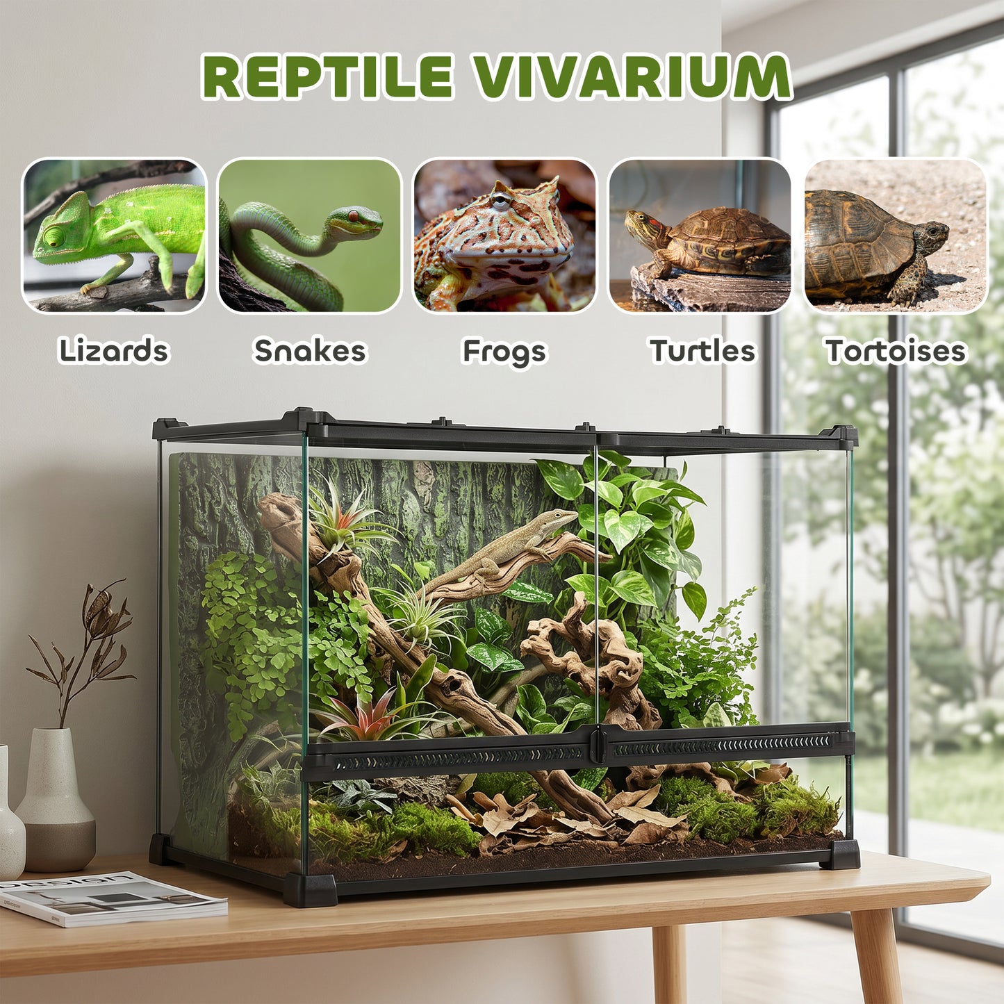 PawHut Reptile Glass Terrarium with Stone Background, Front Ventilation, Escape-Proof Knob Lock, 50 x 30 x 35 cm, Black
