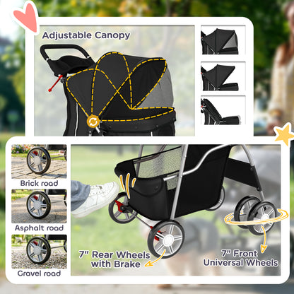 PawHut Dog Pram, Pet Stroller with Reflective Strips, Foldable Cat Stroller with 360° Swivel Wheels, Black