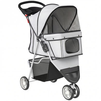 PawHut Dog Stroller, 3 Wheels Foldable Pet Stroller with Adjustable Canopy, Storage Basket for Small Mini Breeds, Grey