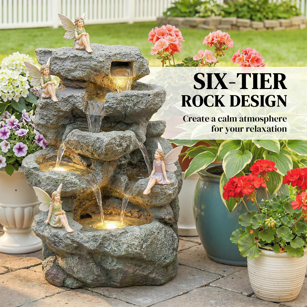 Outsunny Outdoor Fountain with 6-Tier Rock Design, Waterfall Feature with LED Lights, Resin Freestanding Garden Fountain, Grey