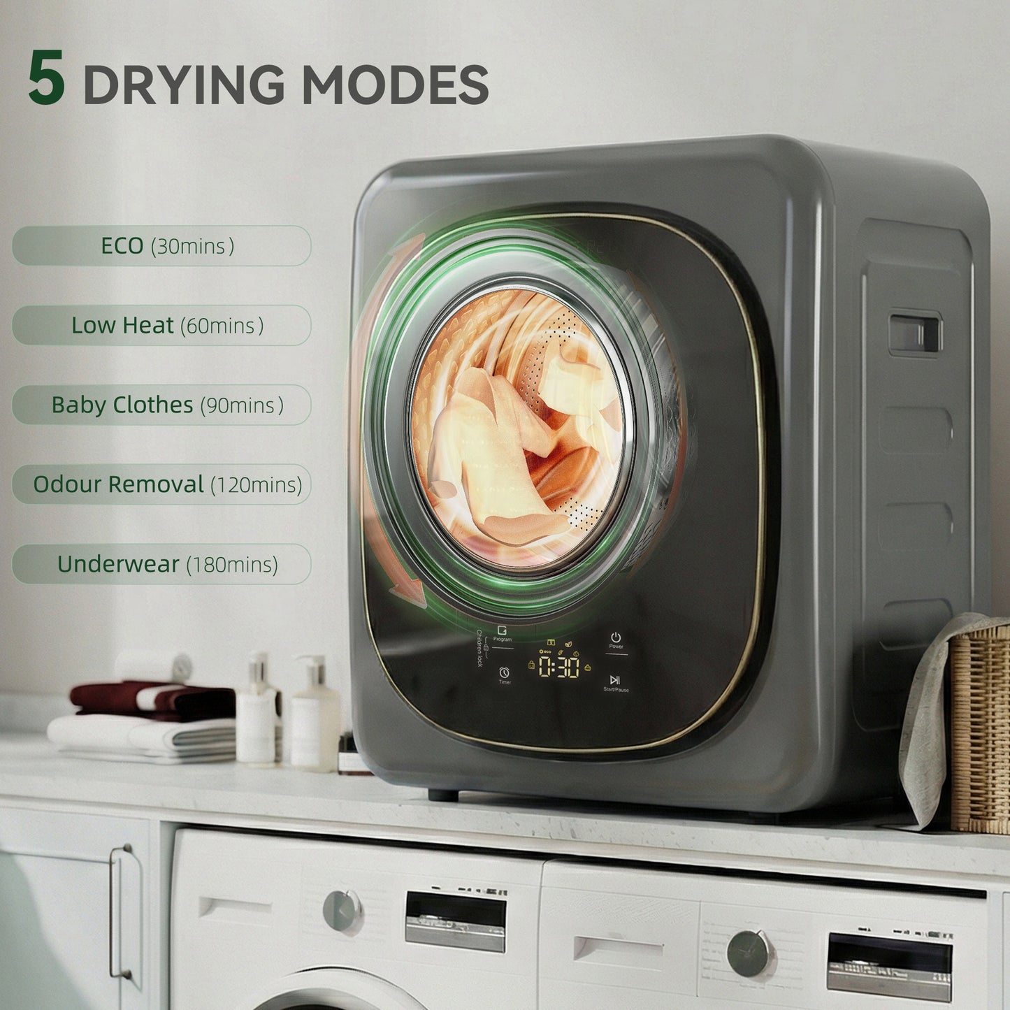 HOMCOM 4kg Vented Tumble Dryer with 5 Drying Mode, 800W Compact Freestanding Front Tumble Dryer, Grey