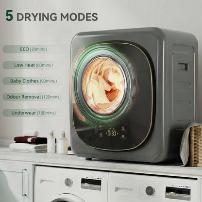 HOMCOM 4kg Vented Tumble Dryer with 5 Drying Mode, 800W Compact Freestanding Front Tumble Dryer, Grey