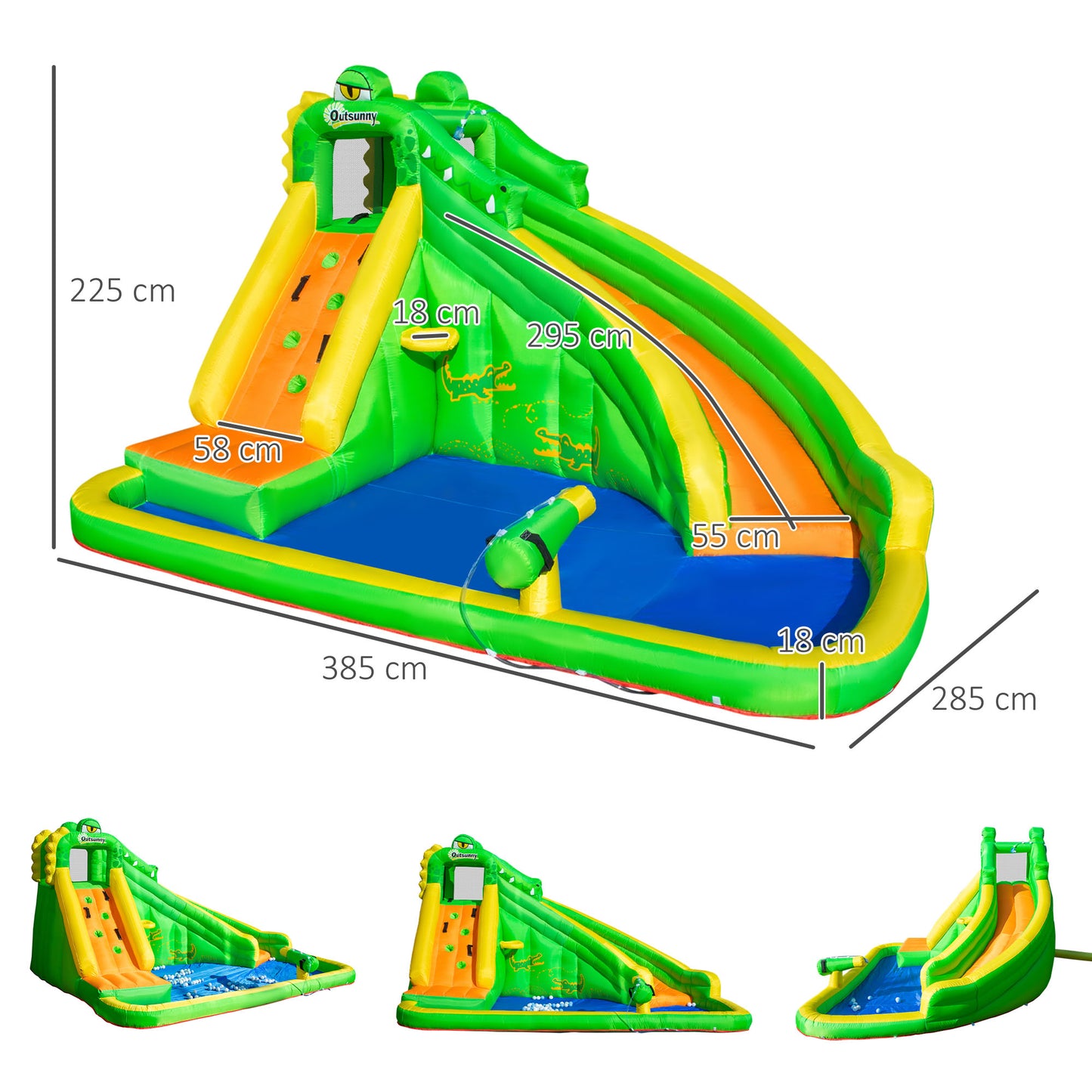 Outsunny Kids Bouncy Castle, 5 in 1 Large Crocodile Style Inflatable House Slide Basket Water Pool Gun Climbing Wall with Blower Carrybag for Kids Age 3-8, 3.85 x 2.85 x 2.25m
