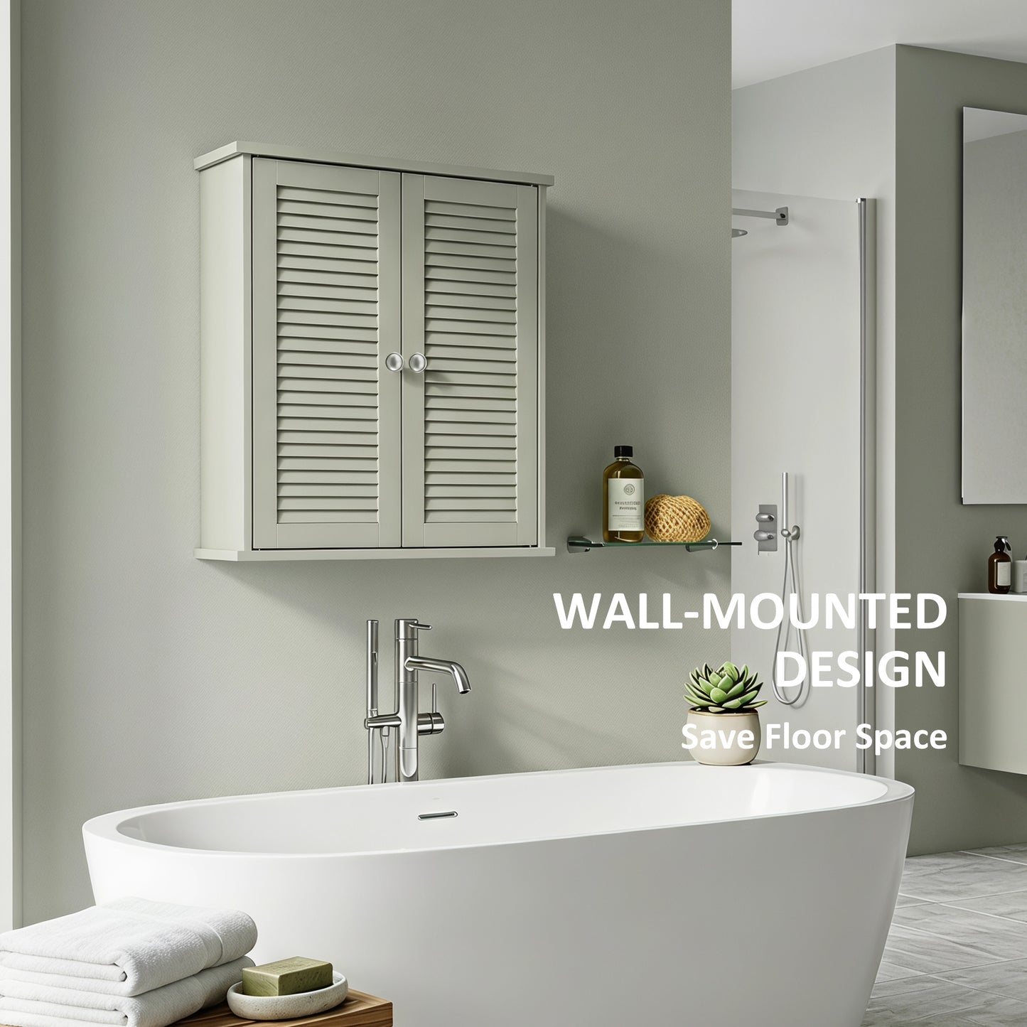 HOMCOM Bathroom Cabinet, Bathroom Wall Cabinet with Louvered Doors and Adjustable Shelf Storage for Kitchen, Light Green