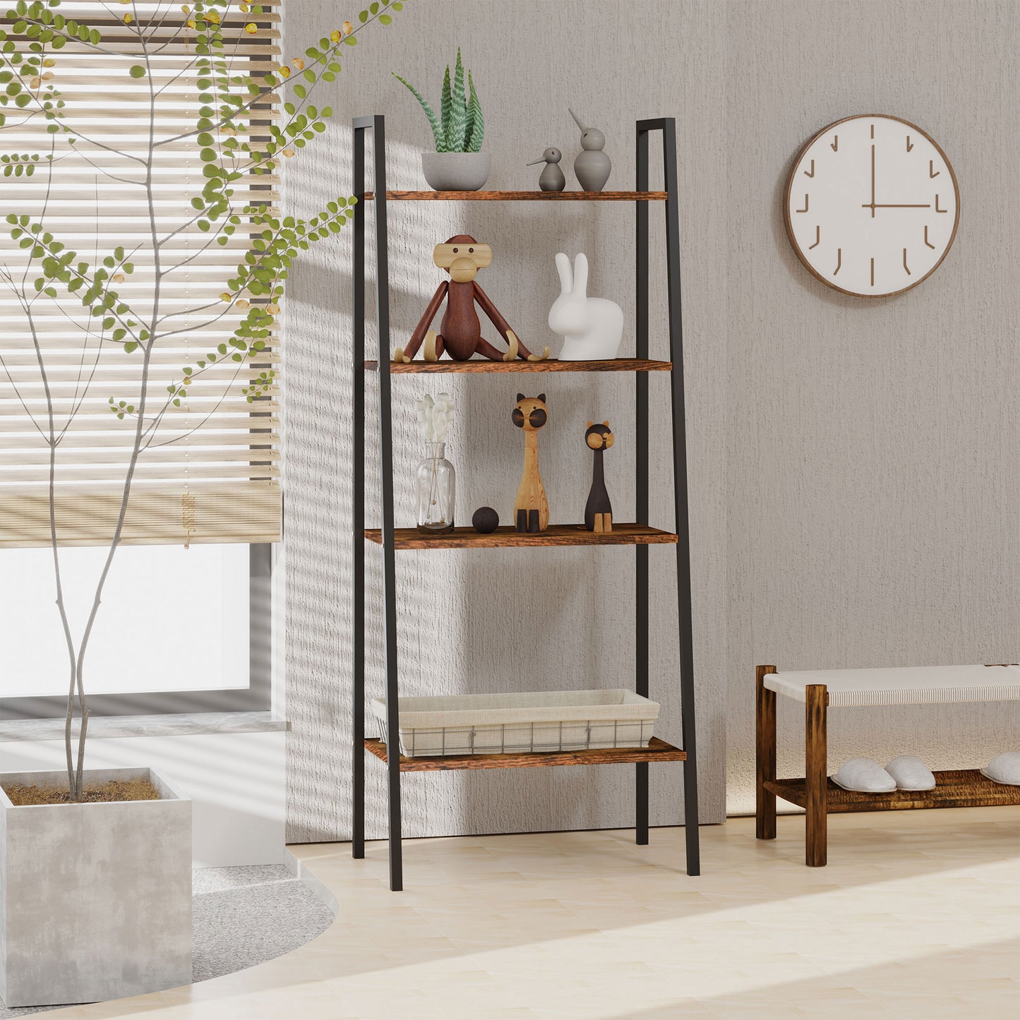 HOMCOM Ladder Shelf, Bookshelf, 4-Tier Industrial Storage Rack for Living Room, Bedroom, Kitchen, Rustic Brown and Black