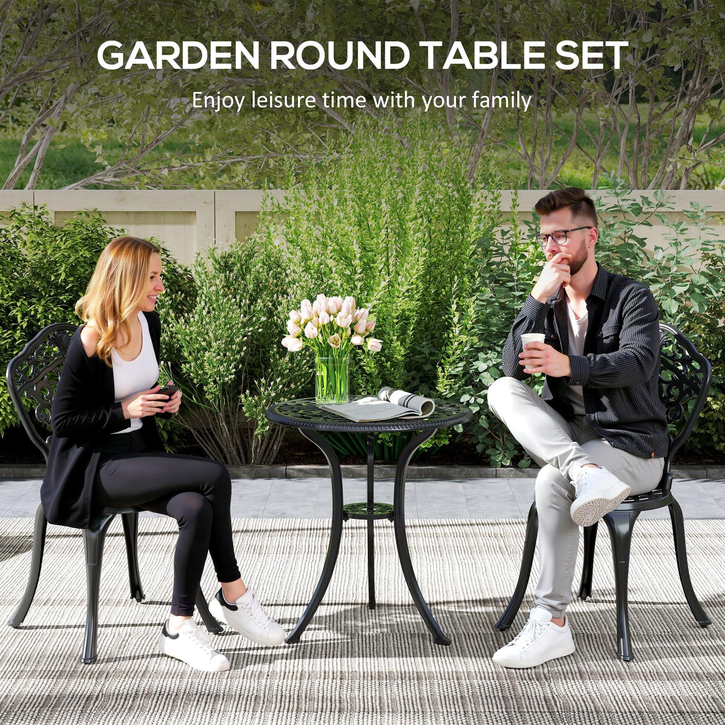 Outsunny Three-Piece Aluminium Floral Bistro Set - Black